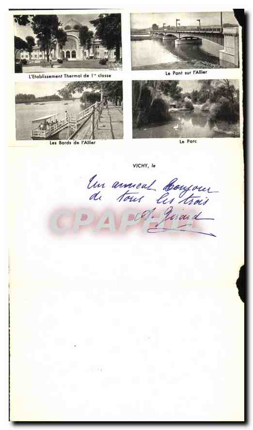 CPA Vichy vue generale le parc les bords de l'Allier le pont sur l'Allier l'Etablissement Thermal de — Verso