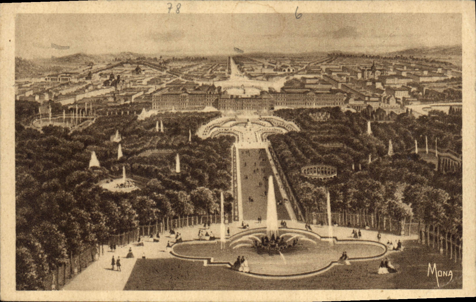 CPA Les Petits Tableaux de Versailles le Chateau et les jardins de Versailles vus a vol d'oiseau 