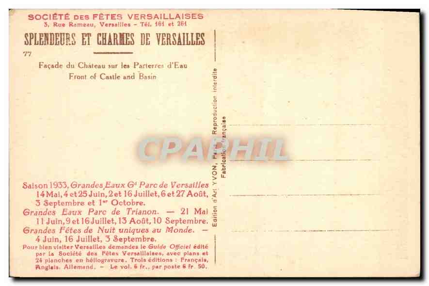 CPA Splendeurs et Charmes de Versailles facade du Chateau sur les Parterres d'Eau  — Verso