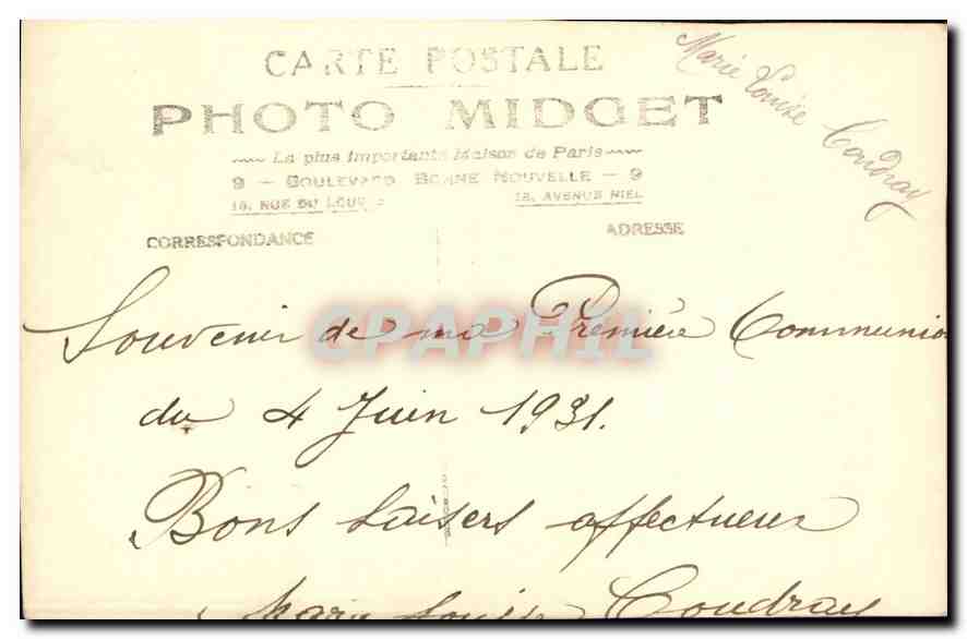 CARTE PHOTO Enfant Communiante — Verso