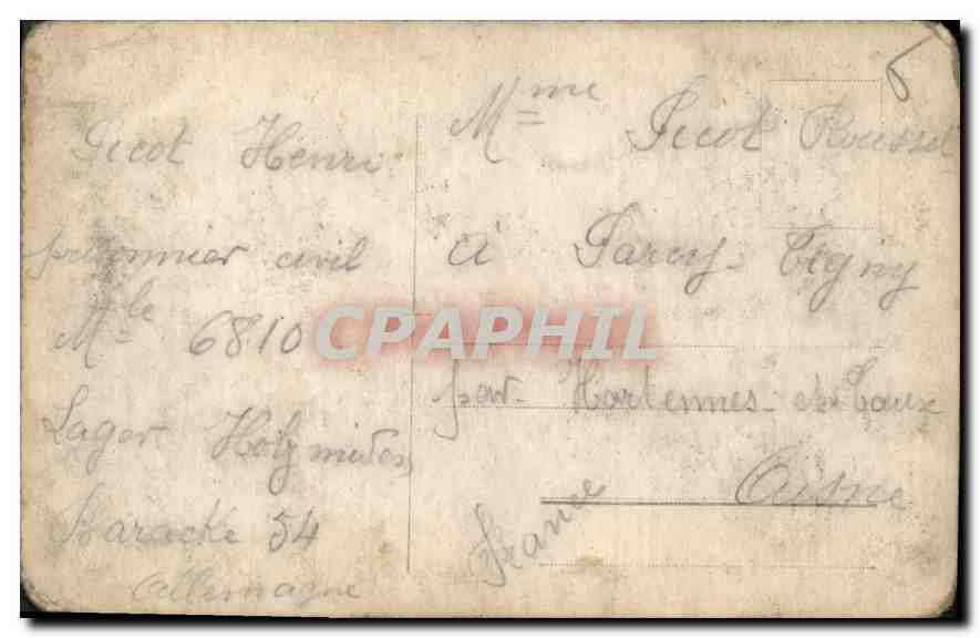 CARTE PHOTO homme Henri Picot Prisonnier Civil Parcy Tigny Hartennes Allemagne — Verso