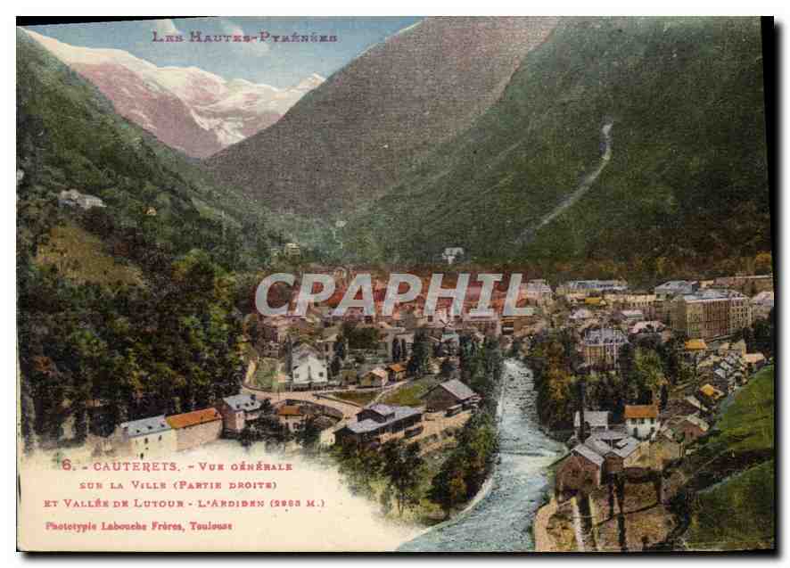Cauterets - Vue générale sur la ville (partie droite) et Vallée de Lutour - L'Arbign (2883 m.) — Phototypie Labouche Frères, Toulouse