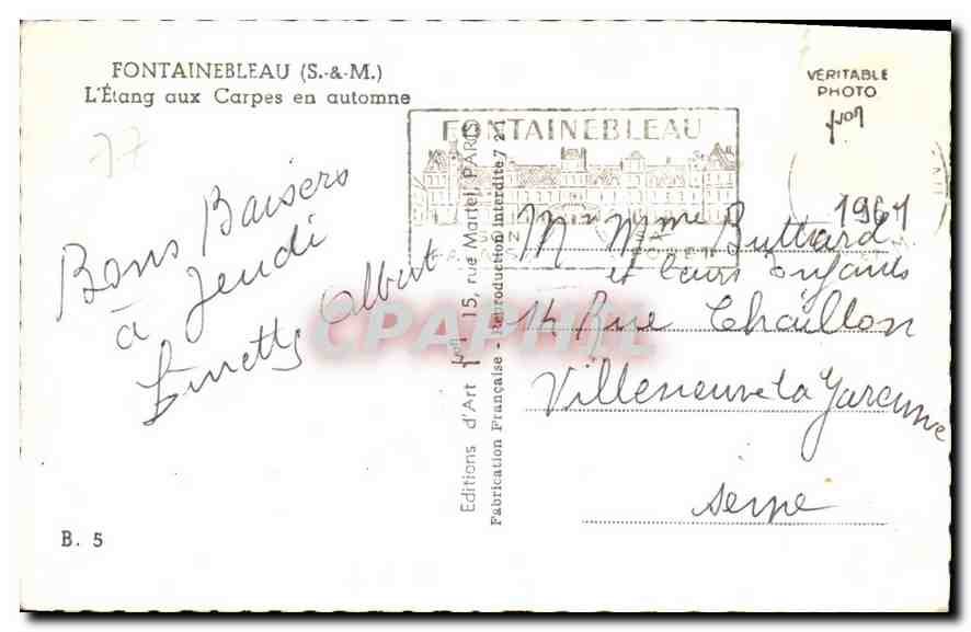 Fontainebleau — L'Étang aux Carpes en otoño — Ediciones de Arte, rue Martel, París — Reverso