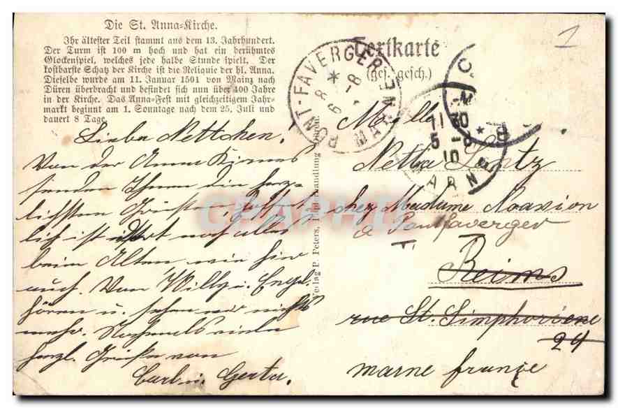 CPA Duren St Anna Kirche Reiquie St Anna Hauppi  — Back