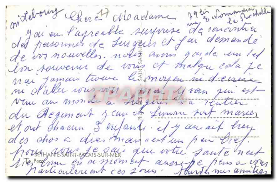 CPA Bethante Saint Palais sur Mer Le Parc  — Verso