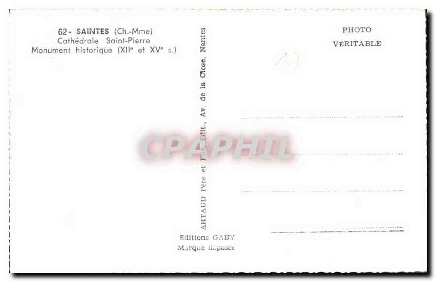 CPA Saintes Ch Mme Cathedrale Saint Pierre Monument Historique  — Rückseite
