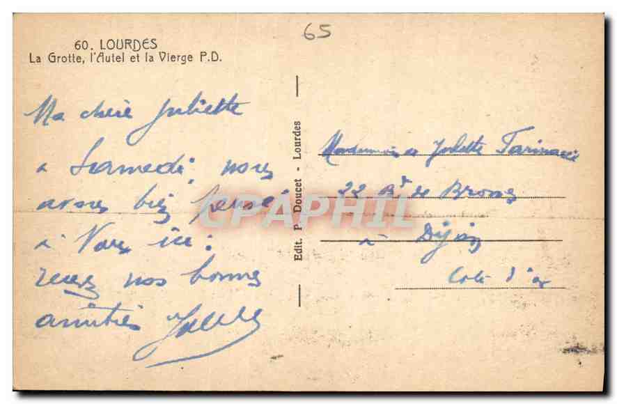 Lourdes — La Grotte et la Vierge — Edit. P. Douet - Lourdes n°65 — Rückseite