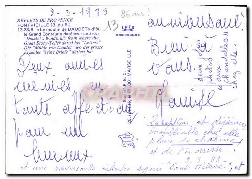 CPM Fontvieille B du R Le Moulin de Daudet  — Rückseite