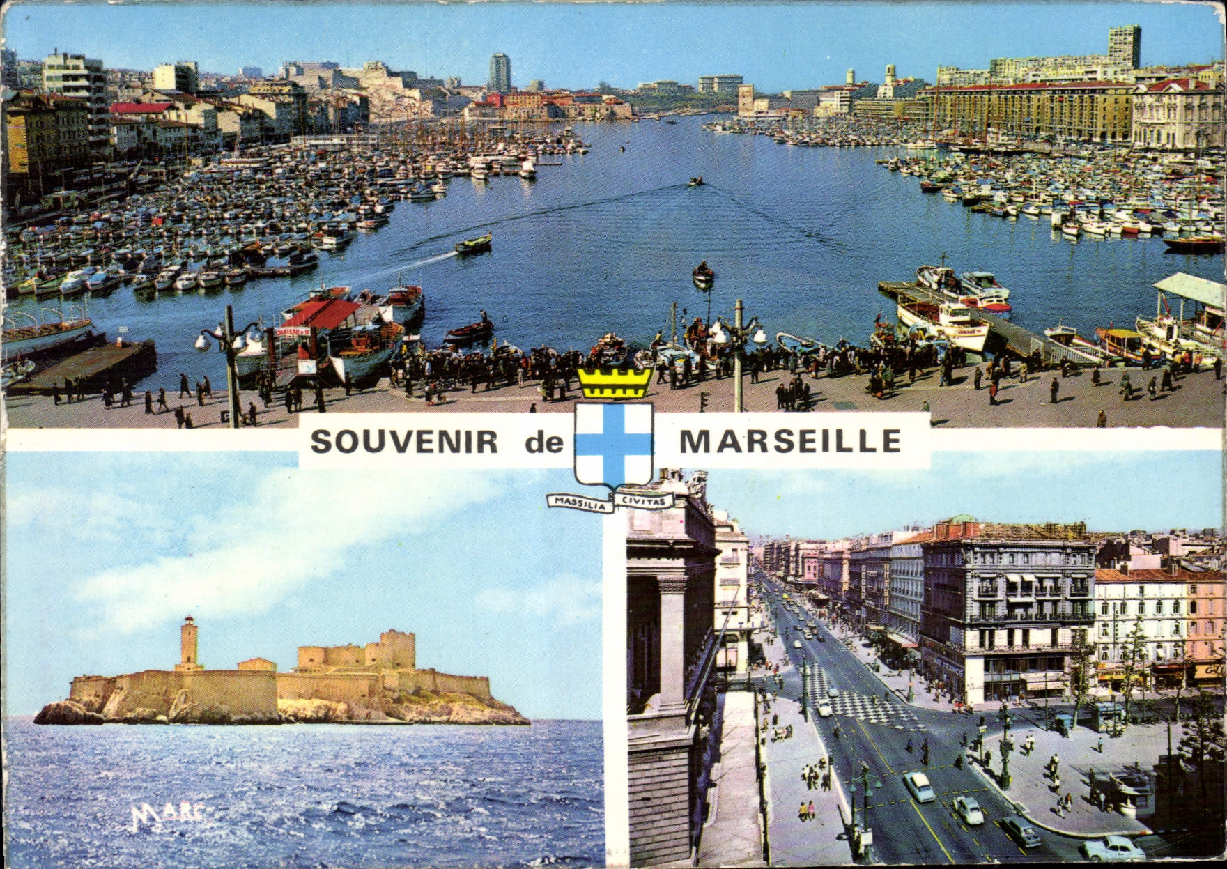 CPM Souvenir de Marseille Le Vieux Port Le Chateau d'If Le Canebiere 