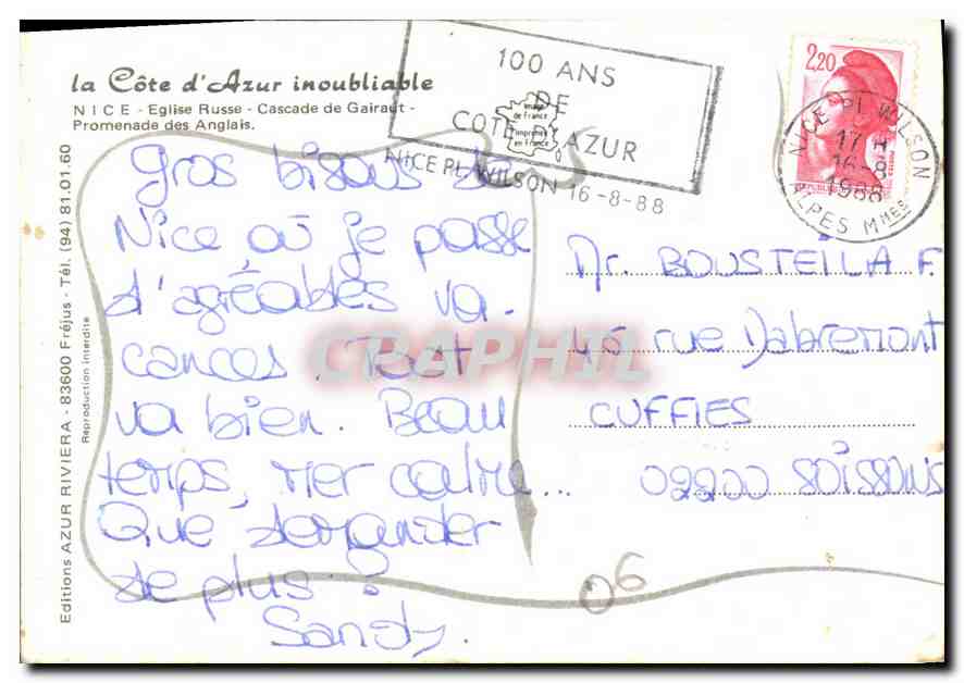 CPM Nice Eglise Russe Cascade de Gairaut Promenade des Anglais  — Rückseite