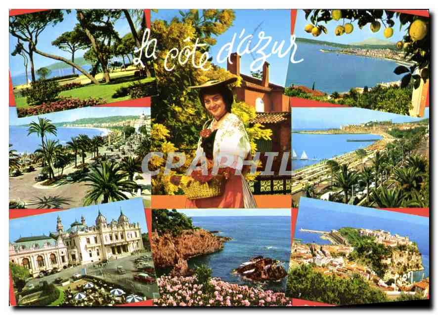 La Côte d'Azur — collage de paysages et une femme en robe rose — Éditions d'art VV