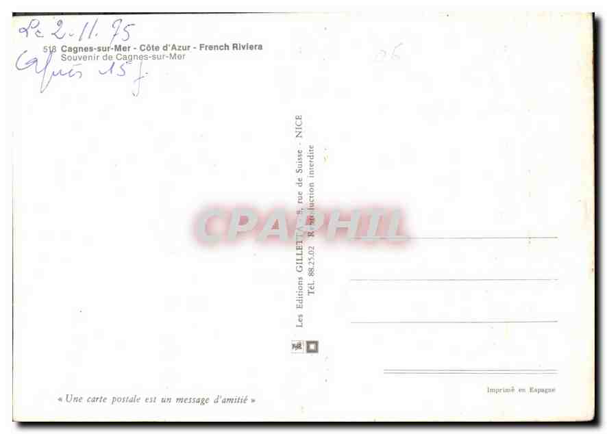 CPM Cagnes sur Mer Cote d'Azur French Riviera  — Verso