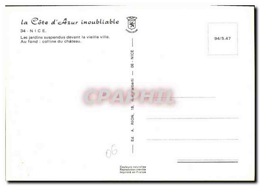 CPM Nice Les jardins suspendus devant la vieille ville  — Rückseite