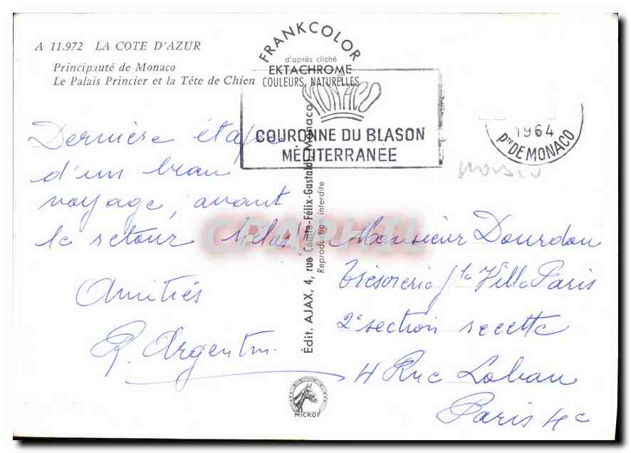 CPM La Cote d'Azur Principaute de Monaco le Palais Princier et la Tete de Chien  — Verso
