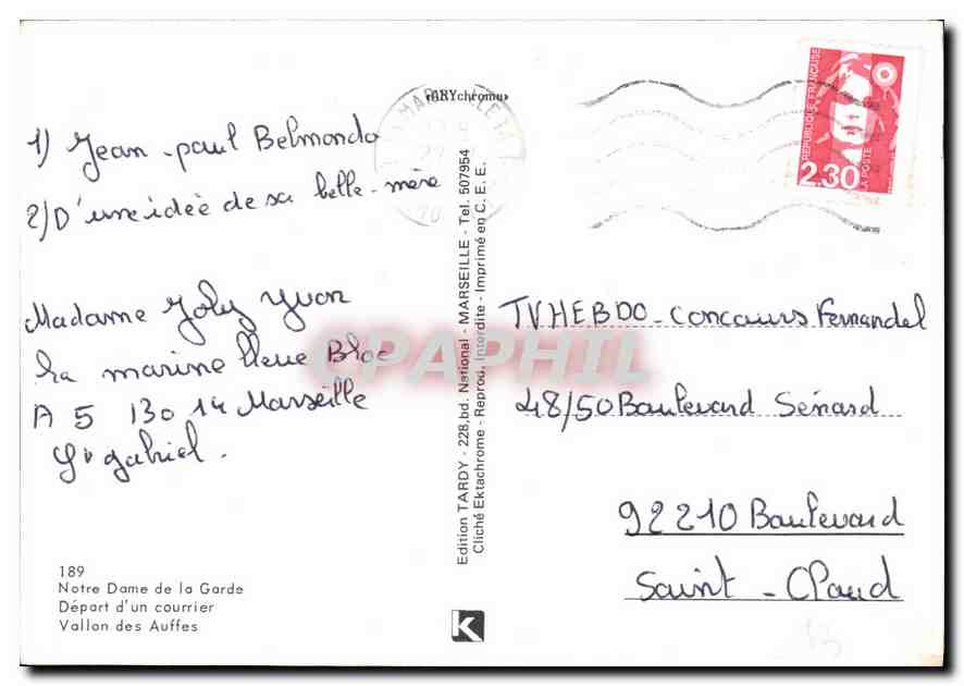 CPM Notre Dame de la Garde Depart d'un Courrier Vallon des Auffes  — Verso
