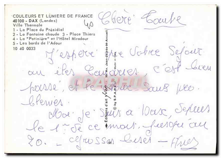 CPM Dax Landes Ville Thermale la place du Presidial la Fontaine Chaude Place Thiers la Potiniere et  — Verso
