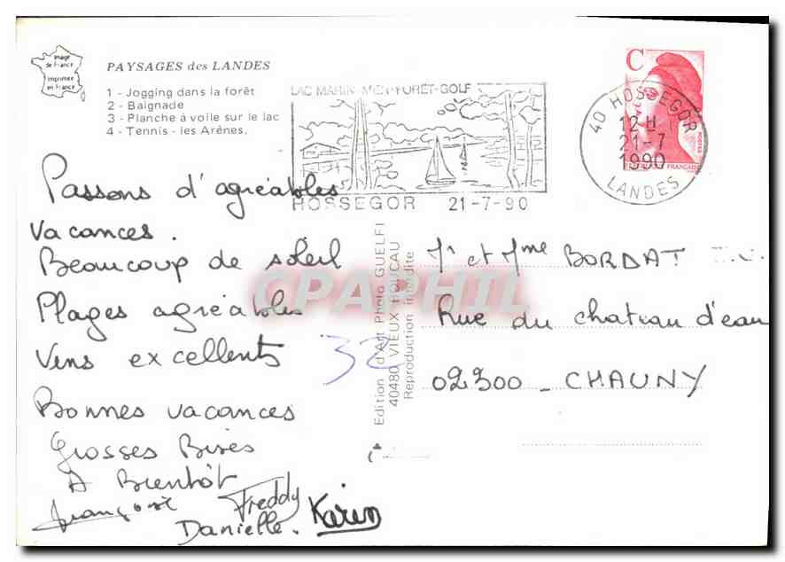 CPM Paysages des Landes Jogging dans la Foret Balgnade Planche a voile sur le Lav Tennis les Arenes  — Verso