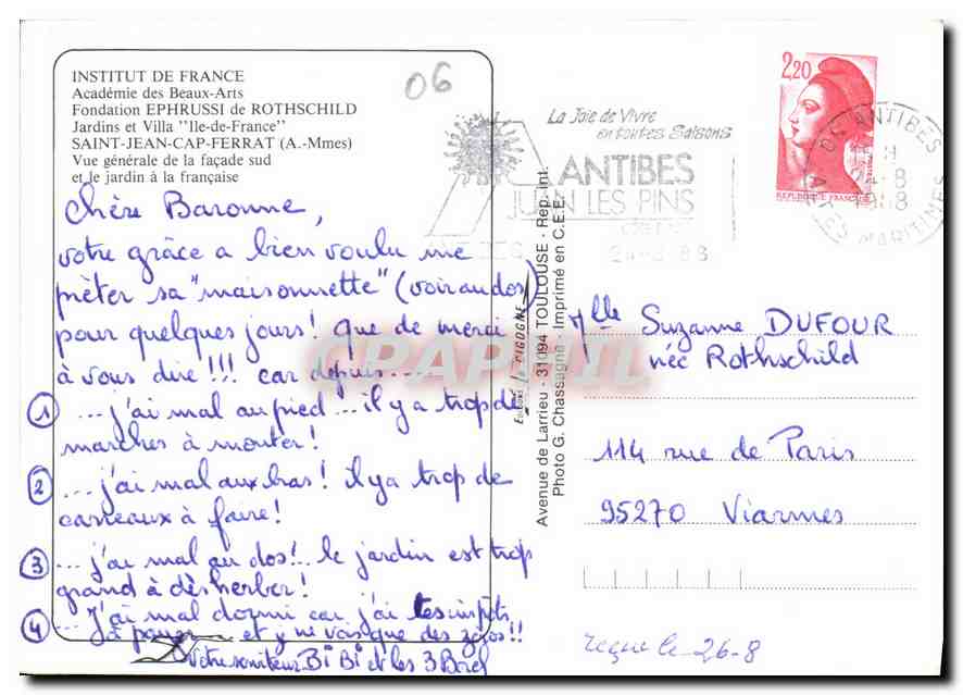 CPM Institut de France Academie des Beaux Arts Fondation Ephrussi de Rothschild Jardins et Villa Ile — Verso