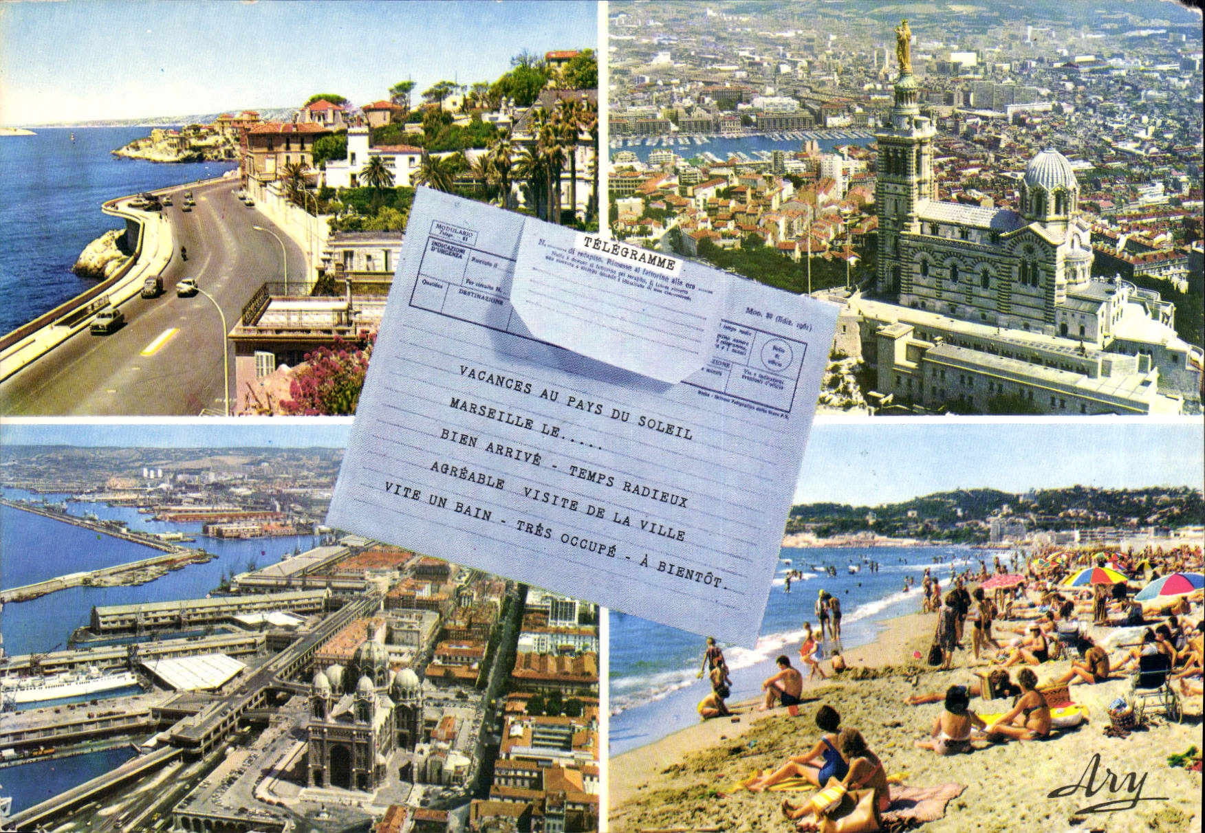 Marseille — vue aérienne, port, plage et télégramme — Édition Bichrome