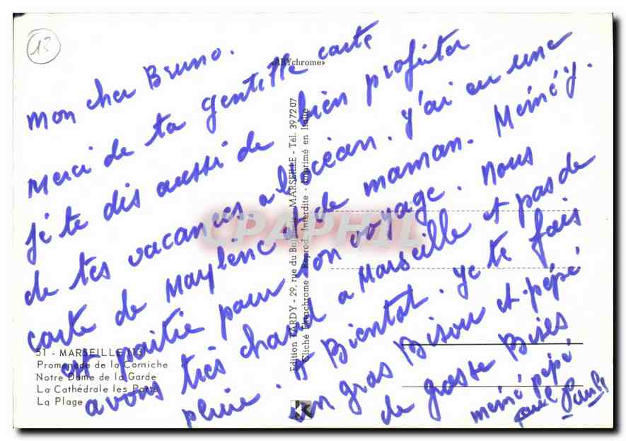 Marseille — vue aérienne, port, plage et télégramme — Édition Bichrome — Verso