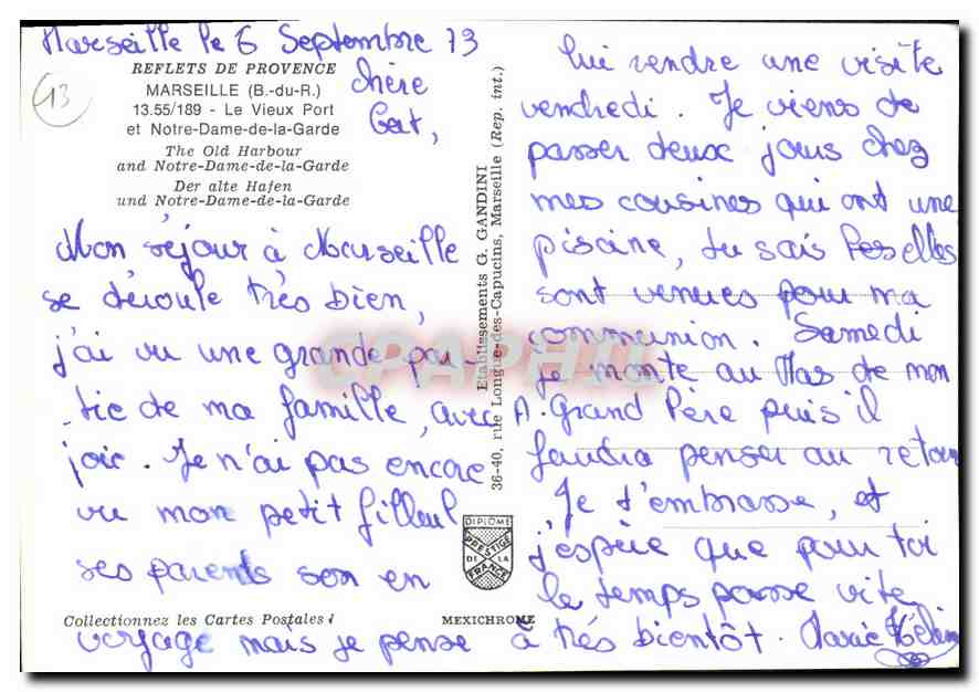 Marseille — Le Vieux Port et Notre-Dame-de-la-Garde — Éditeur G. Gandini, n° 13.55/189 — Verso