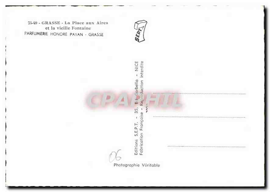 CPM Grasse la Place aux Aires et la Vieille Fontaine Parfumerie Honore Payan Grasse  — Rückseite