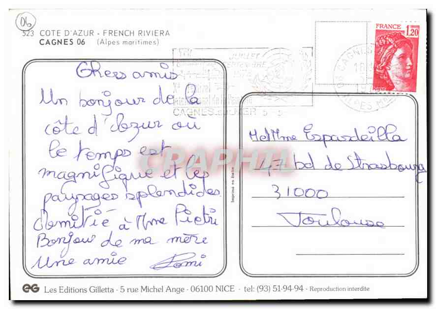 Cagnes-sur-Mer — vue panoramique et plage — Les Editions Gilletta — Verso