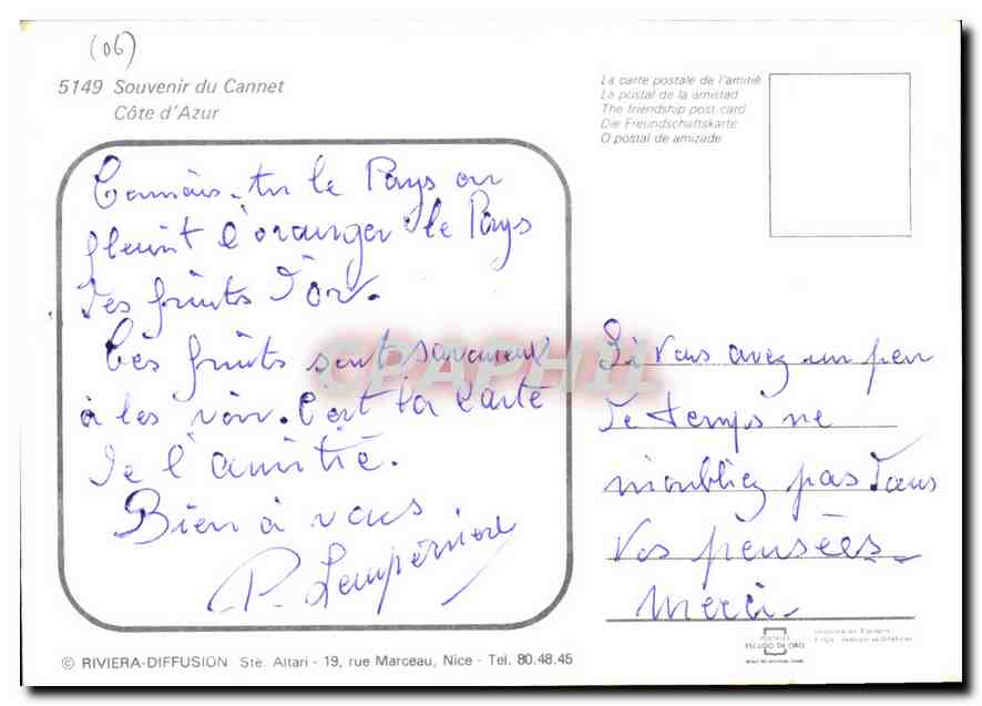 CPM Souvenir du Cannes Cote d'Azur  — Rückseite
