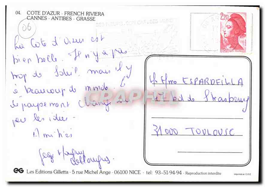 CPM Cote d'Azur Cannes Antibes Grasse  — Verso