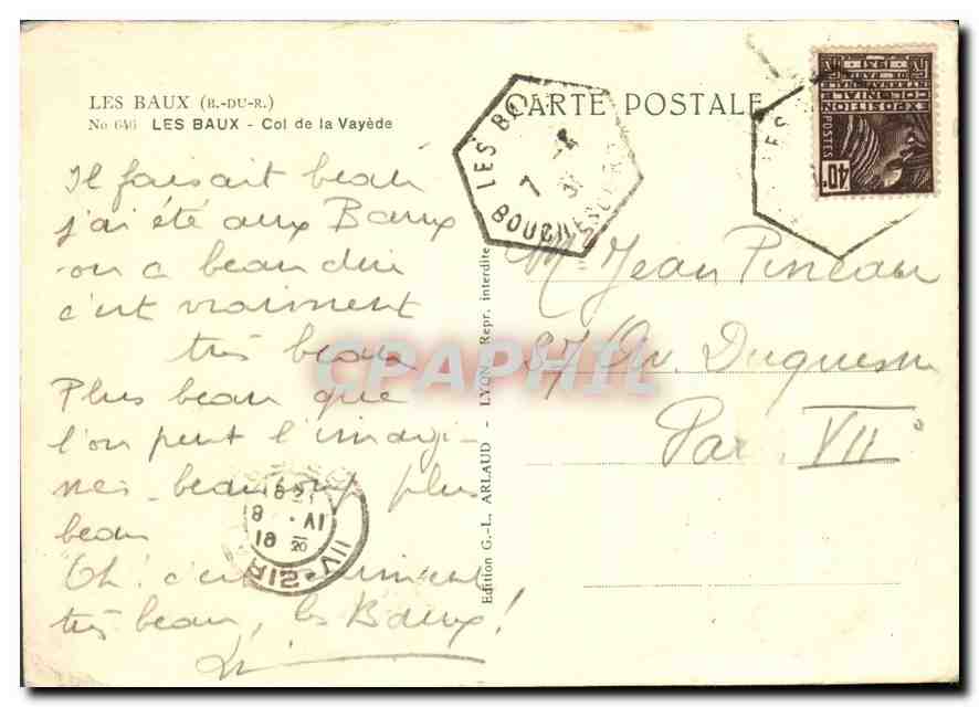 Les Baux (R.-du-R.) — Col de la Vayède — Édition G.-L. Arlaud, Lyon — Verso