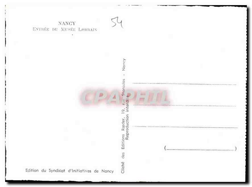 Nancy — Entrée du Musée Lorrain — Édition des Éditions Reader, 19, rue Stanislas, Nancy — Achterkant