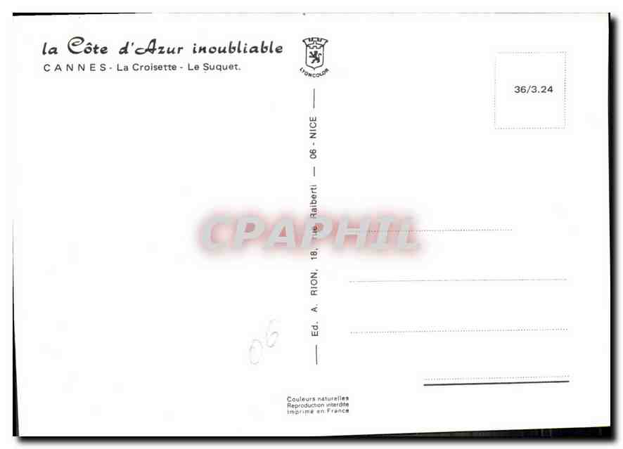 CPM La Cote d'Azur inoubliable Cannes La Croisette Le Suquet  — Verso