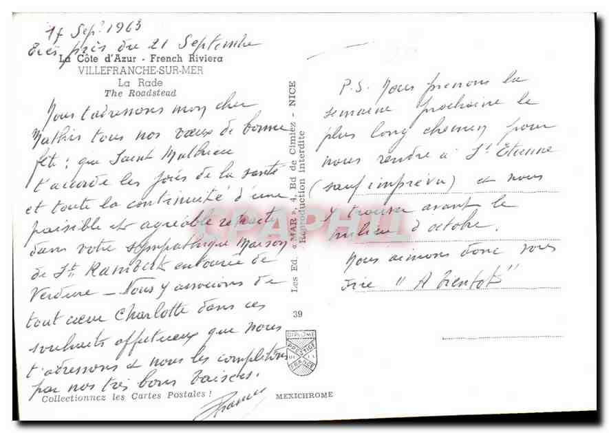 CPM La Cote d'Azur French Riviera Villefranche sur Mer La Rade  — Rückseite