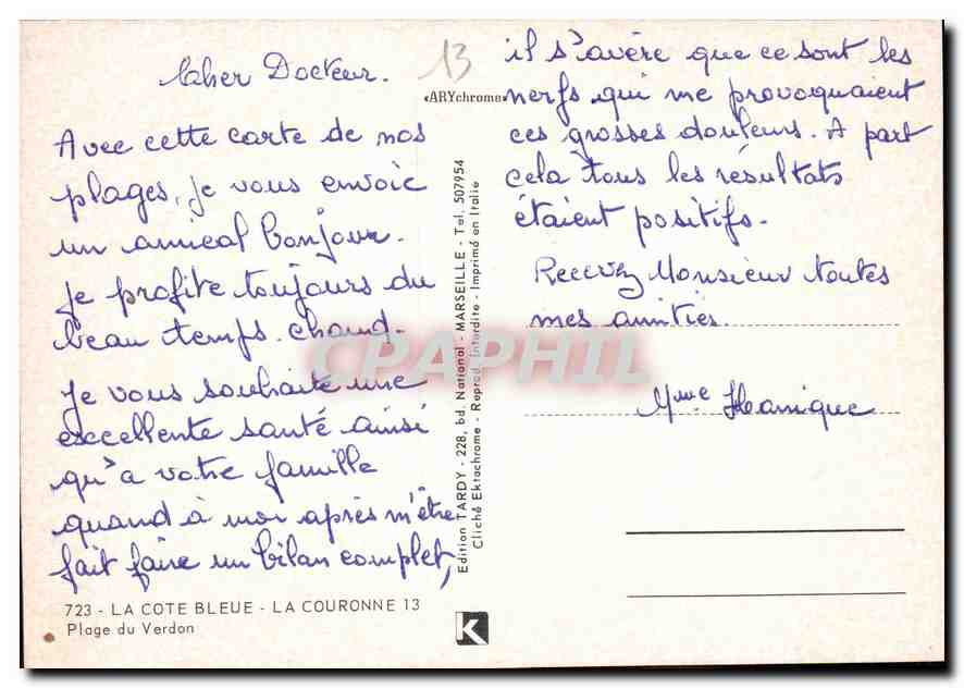 CPM La Cote Bleur La Couronne Plage du Verdon  — Verso