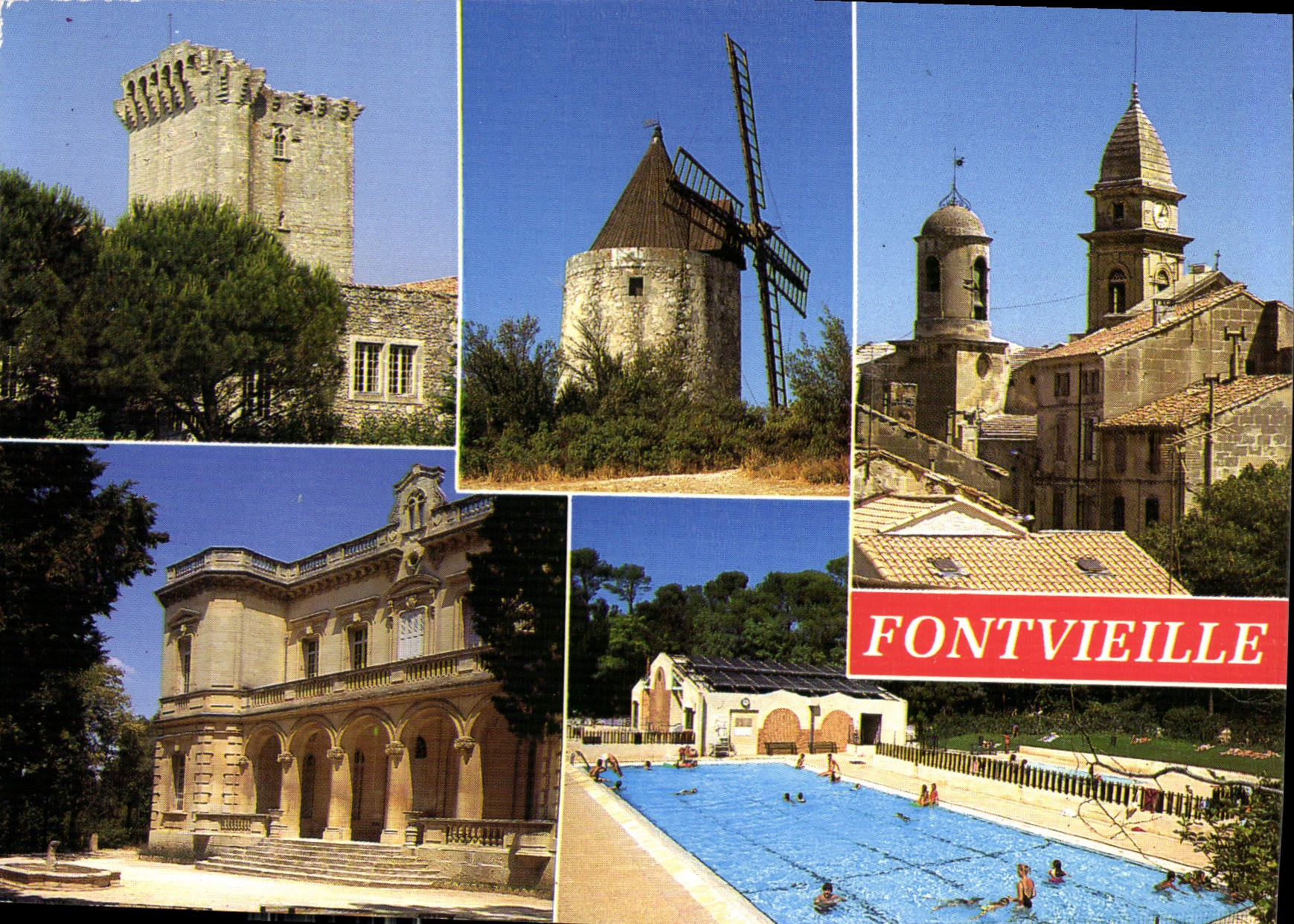 Fontvieille — Collage de sites : château, moulin, église, piscine municipale — Les Villages de Provence