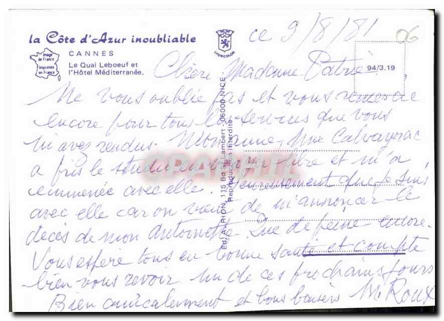 CPM La Cote d'Azur inoubliable Cannes Le Quai Leboeuf et l'HOtel Mediterranee Bateaux — Verso
