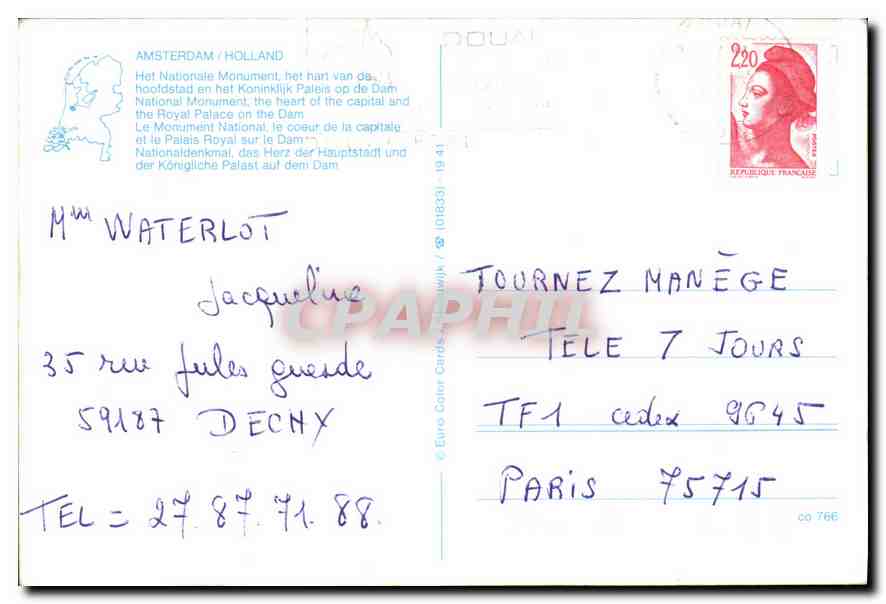 Amsterdam / Dam — Monument national et Palais royal — Euro Color Cards / (01833) / n°766 — Rückseite