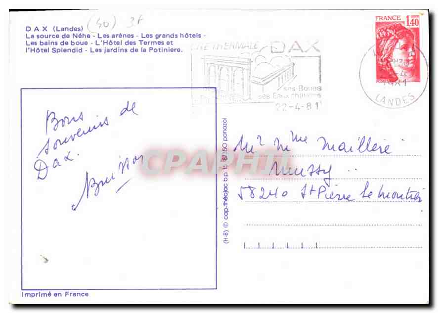 CPM Dax Landes La source de Nehe les arenes les grands hotels les bains de boue l'hotel des Termes e — Verso