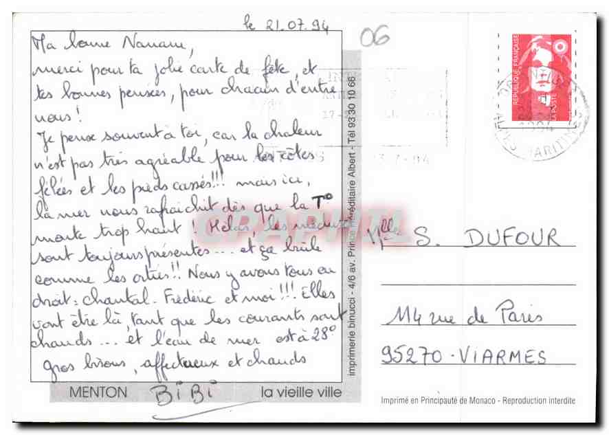 CPM Menton La Vieille Ville  — Rückseite