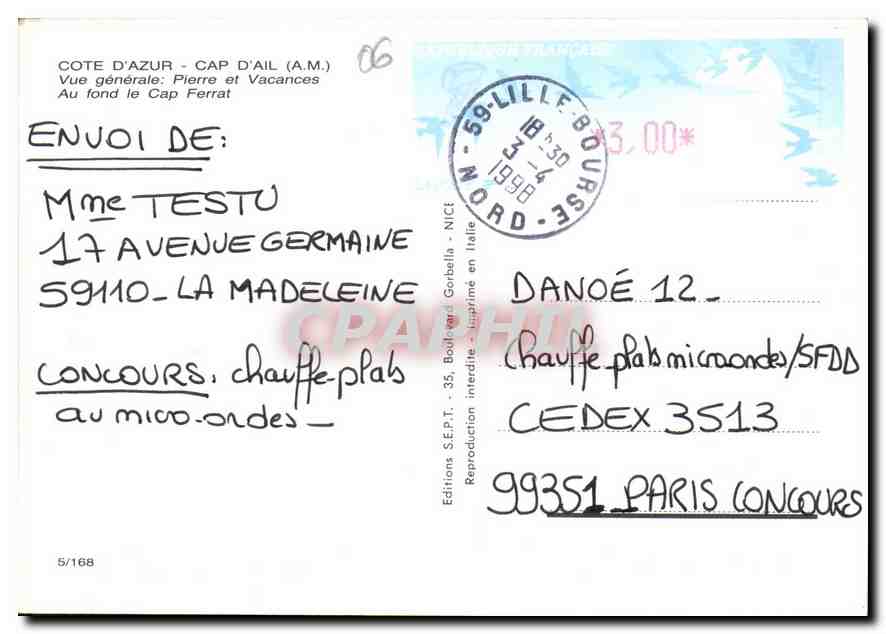 Cap d'Ail — vue générale — Editions S.E.P.T. n°5/168 — Verso