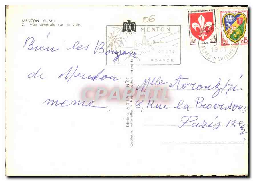 CPM Menton A M Vue generale sur la ville  — Rückseite