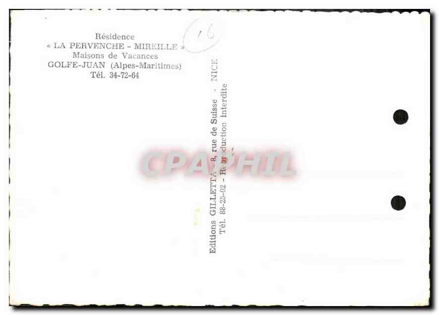 CPM Residence La Pervenche Mireille Maisons de Vacances Golfe Juan Alpes Maritimes  — Verso