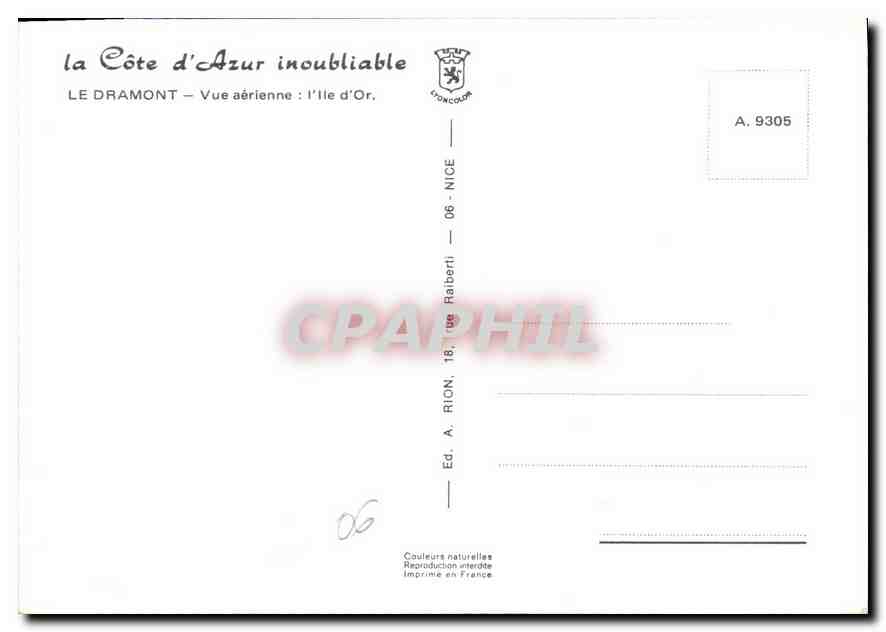 Le Dramont — Vue aérienne : l'Île d'Or — Ed. A. Rion, 18, rue Raiberti — NICE — Verso