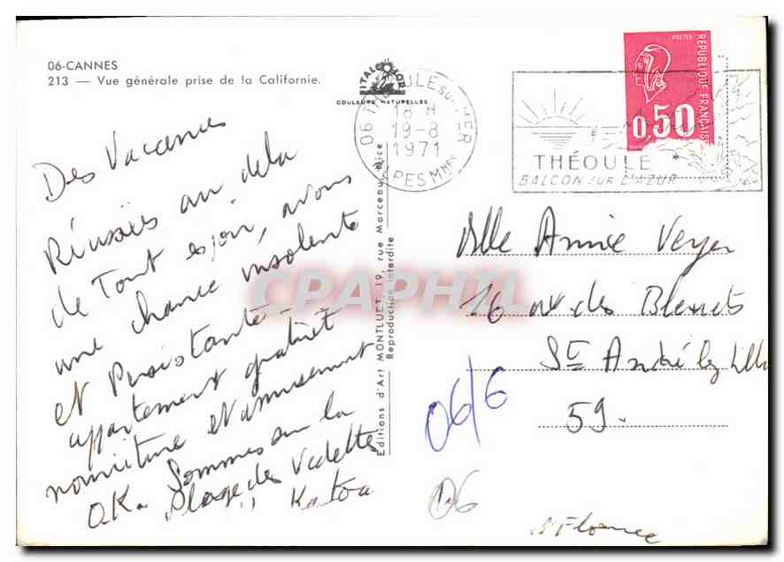 CPM Cannes vue generale prise de la Californie  — Verso