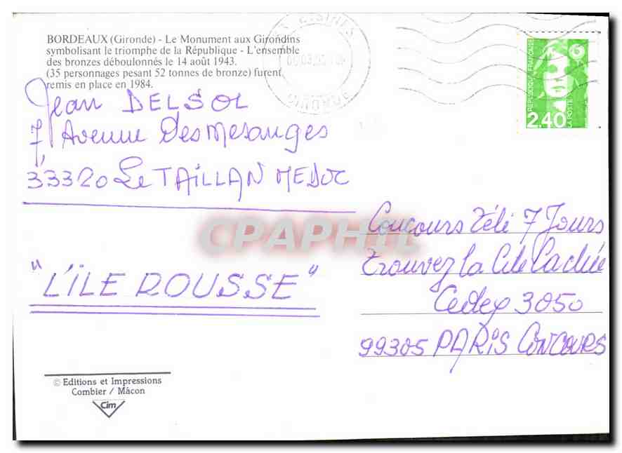 CPM Bordeaux Girnode le monuembt aux Girondins symbolisant le triomphe de la Republique l'ensemble d — Verso