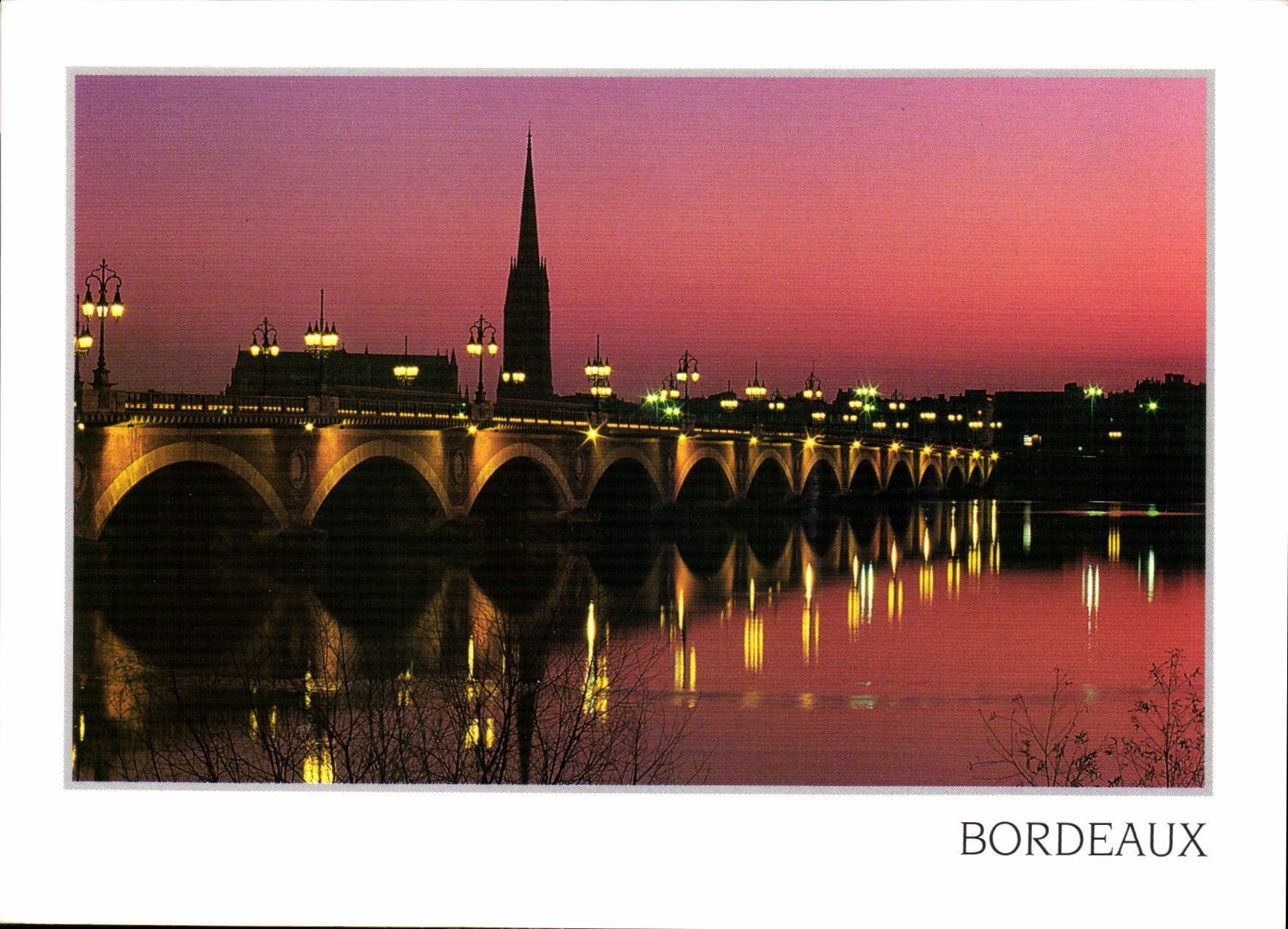 Bordeaux — Pont de Pierre et église Saint-André au crépuscule — Éditions Dublier-Macon