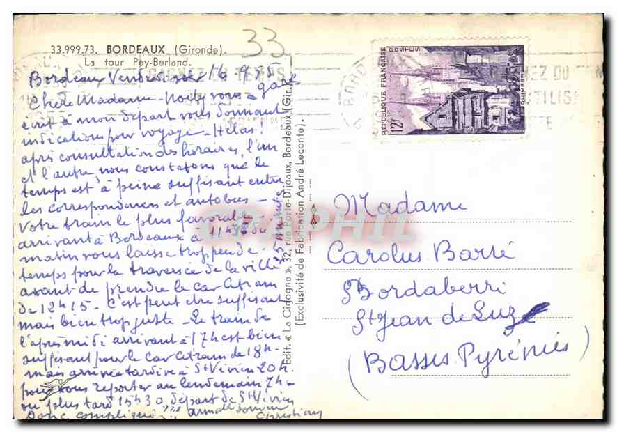 CPM Bordeaux Gironde La tour Pey Berland  — Verso