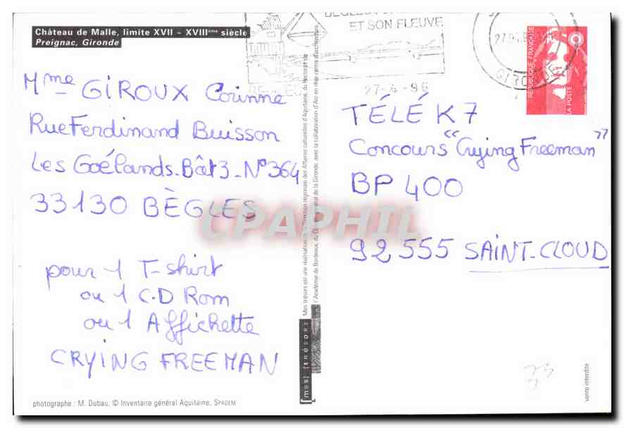 CPM Chateau de Malle limite XVII XVIII siecle Preignac Gironde  — Rückseite