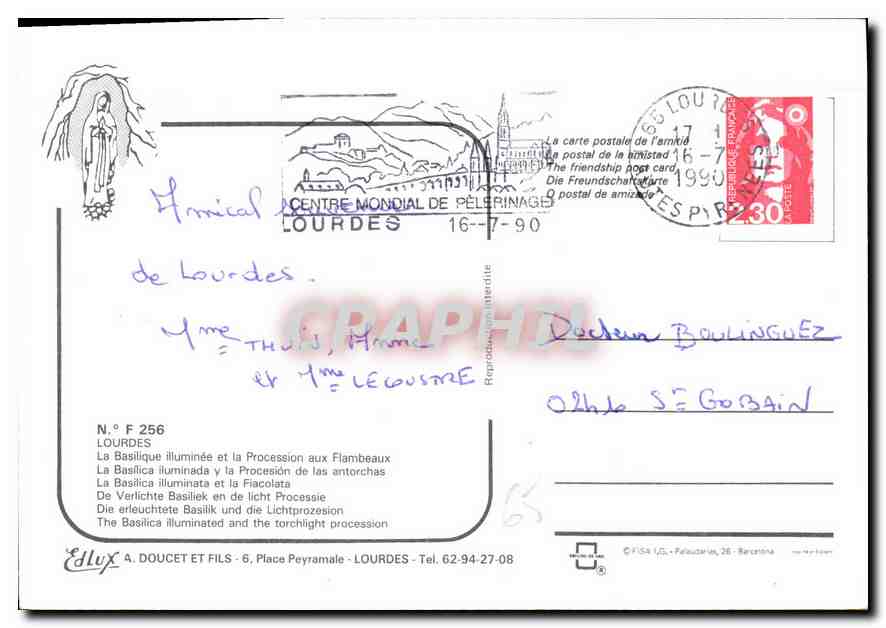 Lourdes — Basilique illuminée et procession aux flambeaux — Éd. Doucet & Fils, n° F 256 — Verso