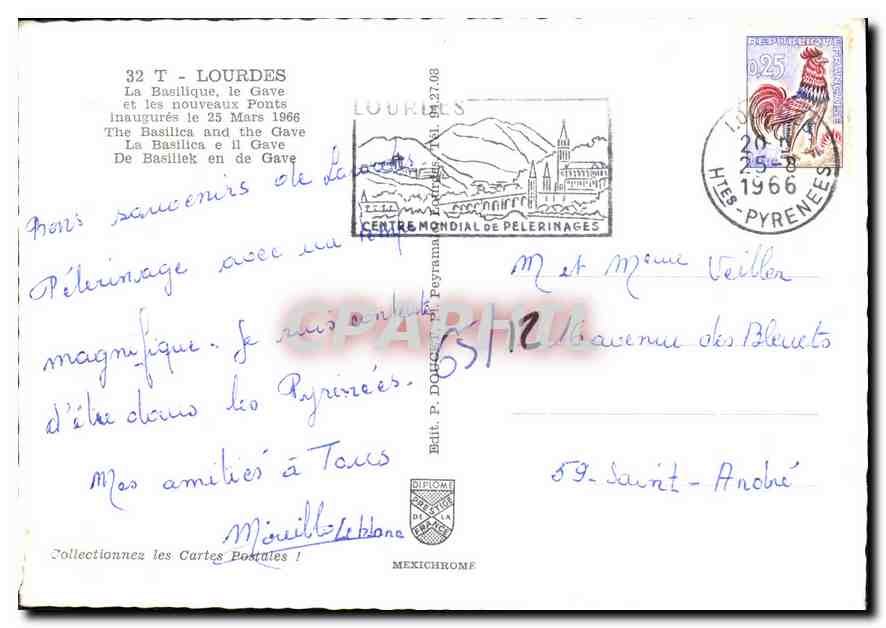 CPM Lourdes La Basilique le Gave et les nouveaux Ponts  — Verso